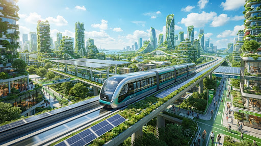 Illustration: autonomous green transit running on an elevated corridor through a solar-powered city