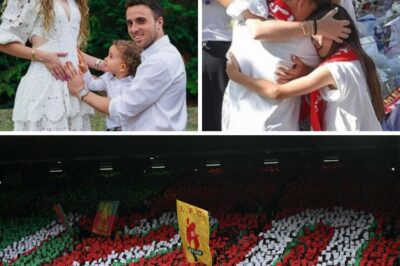 At Anfield, a giant banner stretched across the Kop carried a moving tribute — “Rute, Dinis, Duarte, Mafalda – this will always be your home, you’ll never walk alone.” The words brought tears to the eyes of Diogo Jota’s widow, Rute Cardoso, who answered with a simple seven-word message of gratitude on her emotional return